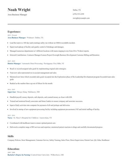 Area Business Manager Resume