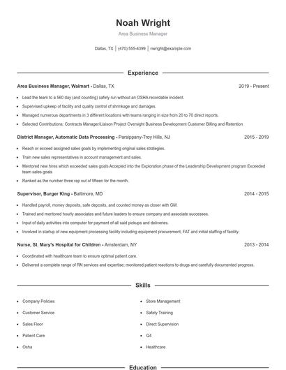 Area Business Manager Resume