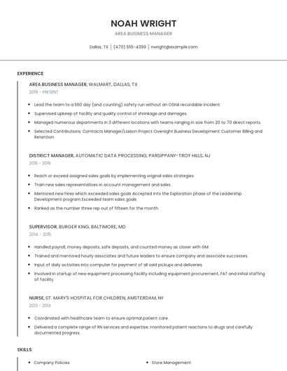 Area Business Manager Resume