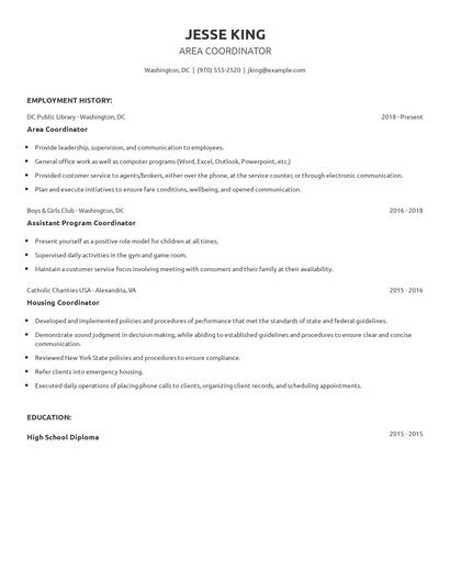 Area Coordinator Resume