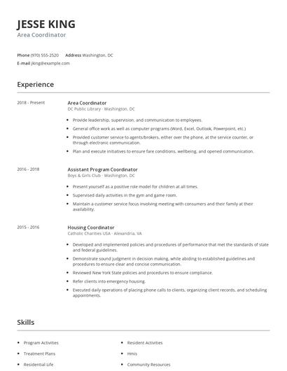 Area Coordinator Resume