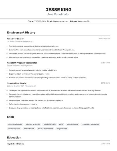Area Coordinator Resume