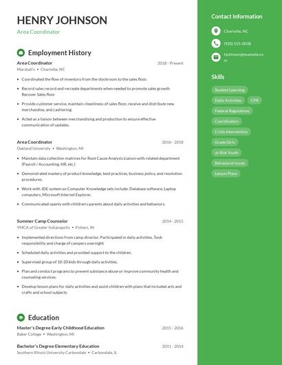 Area Coordinator Resume