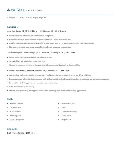 Area Coordinator Resume