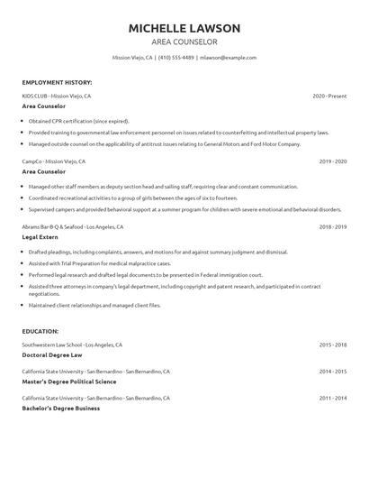 Area Counselor Resume