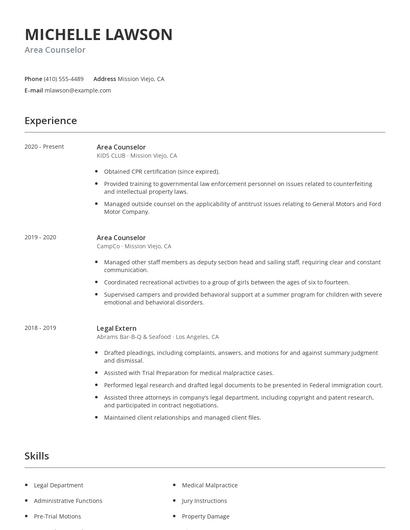 Area Counselor Resume