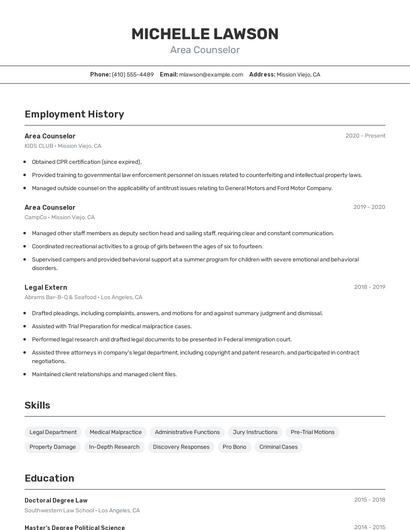 Area Counselor Resume