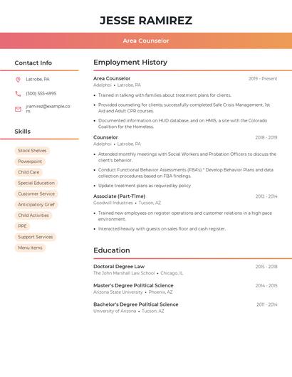Area Counselor Resume