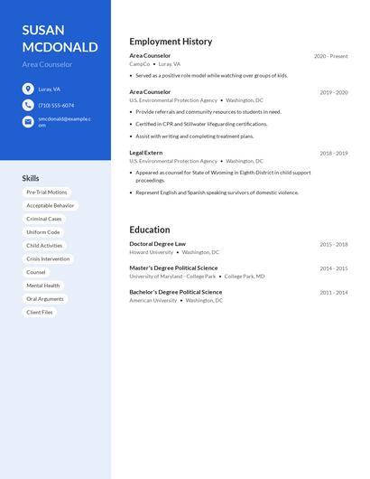 Area Counselor Resume