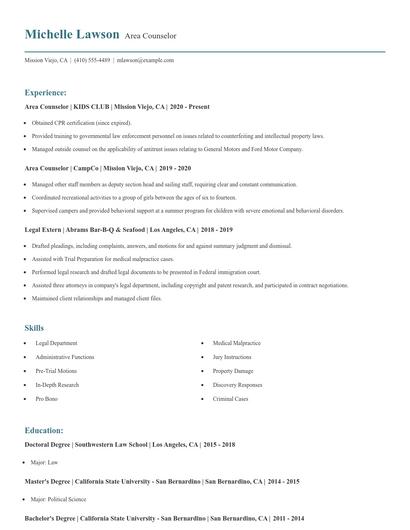 Area Counselor Resume