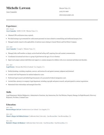 Area Counselor Resume