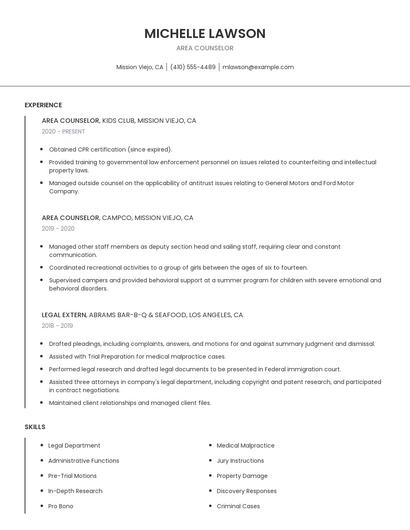 Area Counselor Resume