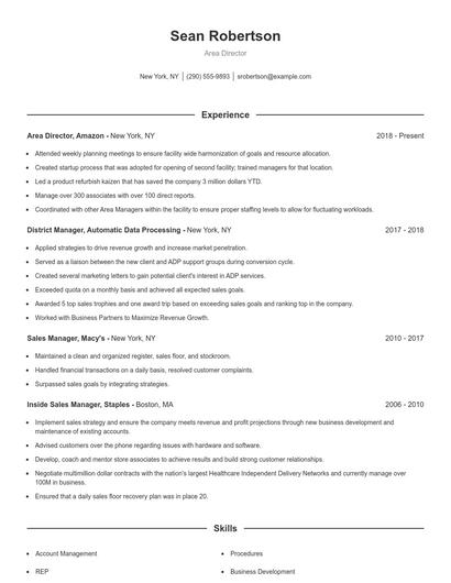 Area Director Resume