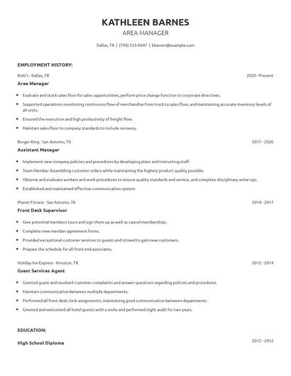 Area Manager Resume