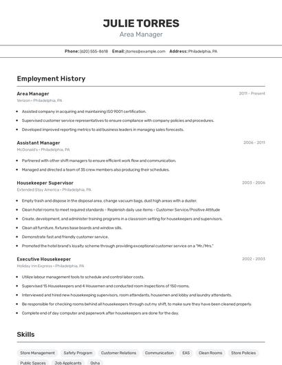 Area Manager Resume