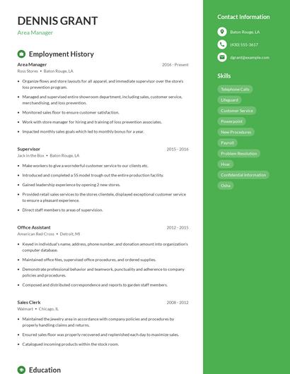 Area Manager Resume