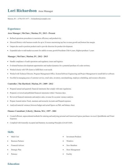Area Manager Resume