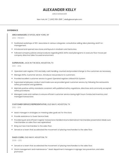 Area Manager Resume