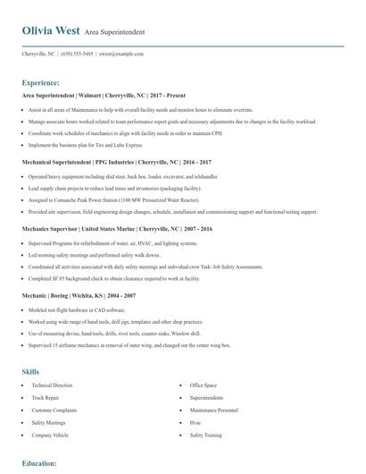 Area Superintendent Resume