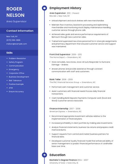 Area Supervisor Resume