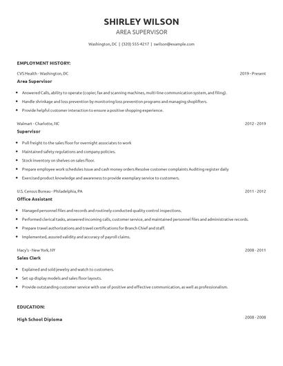 Area Supervisor Resume
