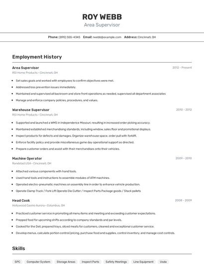 Area Supervisor Resume