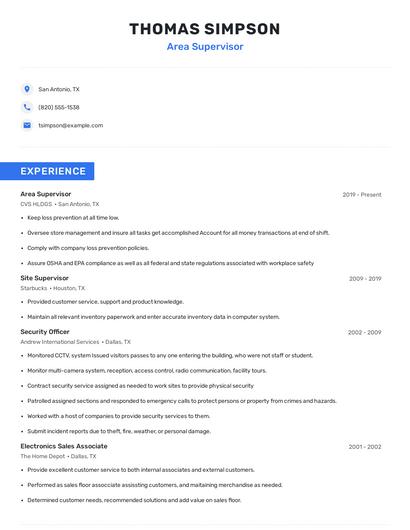Area Supervisor Resume