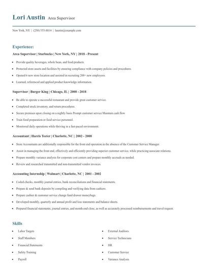 Area Supervisor Resume