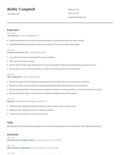 Area Supervisor Resume