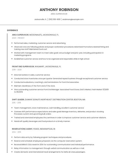 Area Supervisor Resume