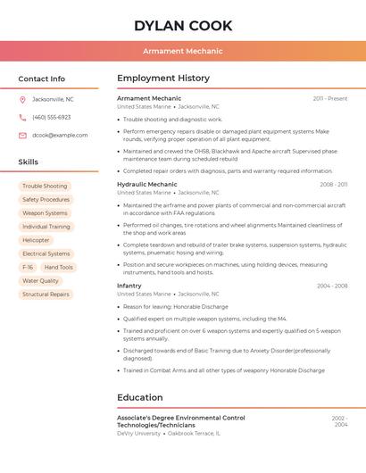 Armament Mechanic Resume