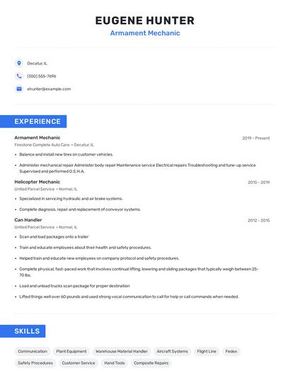 Armament Mechanic Resume