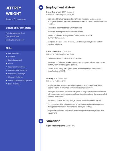 Armor Crewman Resume