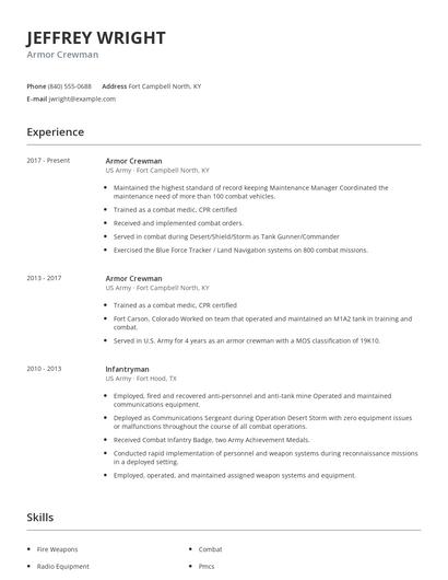 Armor Crewman Resume