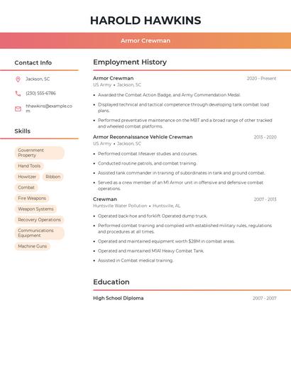 Armor Crewman Resume