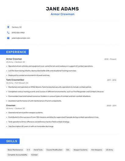 Armor Crewman Resume