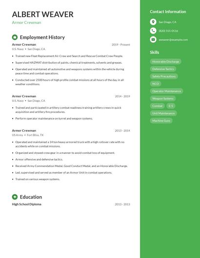 Armor Crewman Resume