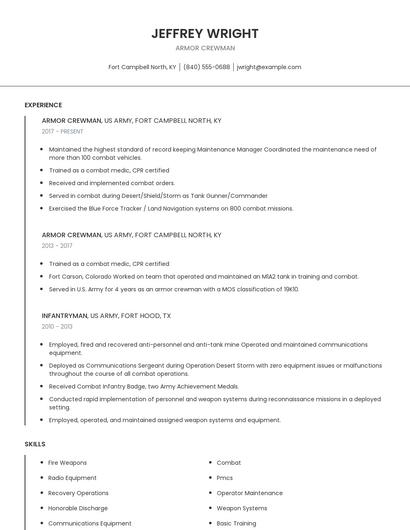 Armor Crewman Resume