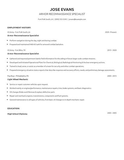 Armor Reconnaissance Specialist Resume