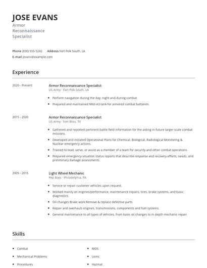 Armor Reconnaissance Specialist Resume