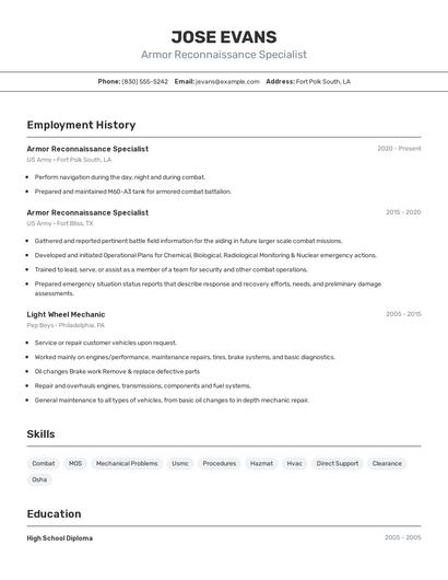 Armor Reconnaissance Specialist Resume