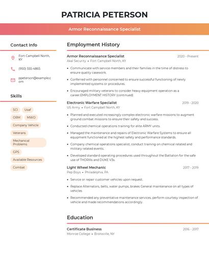 Armor Reconnaissance Specialist Resume