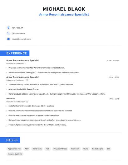 Armor Reconnaissance Specialist Resume