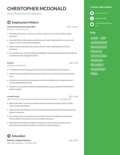 Armor Reconnaissance Specialist Resume