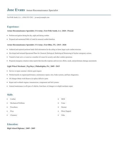 Armor Reconnaissance Specialist Resume