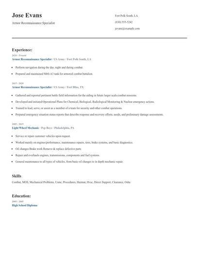 Armor Reconnaissance Specialist Resume
