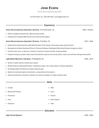 Armor Reconnaissance Specialist Resume