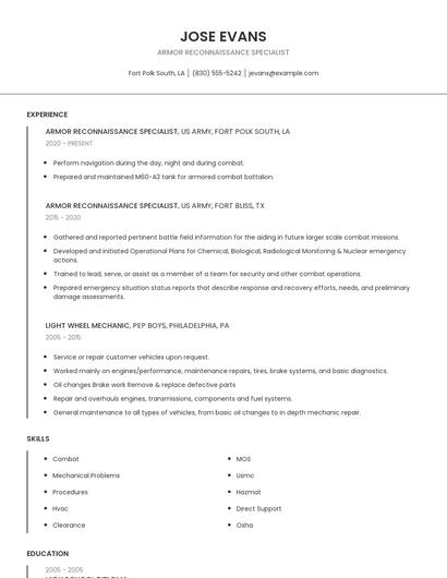 Armor Reconnaissance Specialist Resume