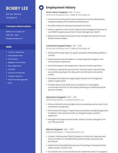 Armor Senior Sergeant Resume