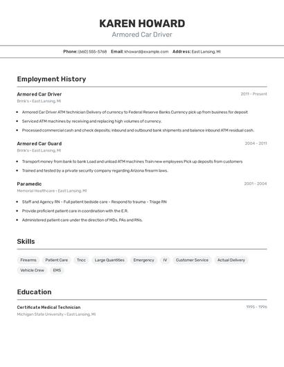 Armored Car Driver Resume